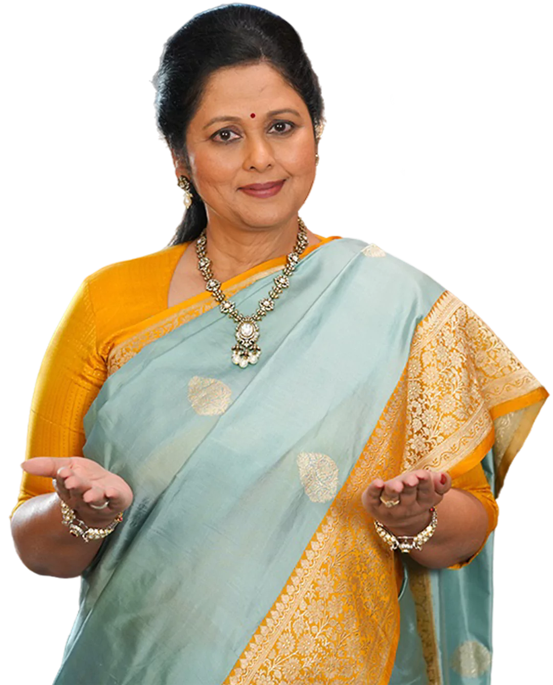 Happy customer in traditional attire